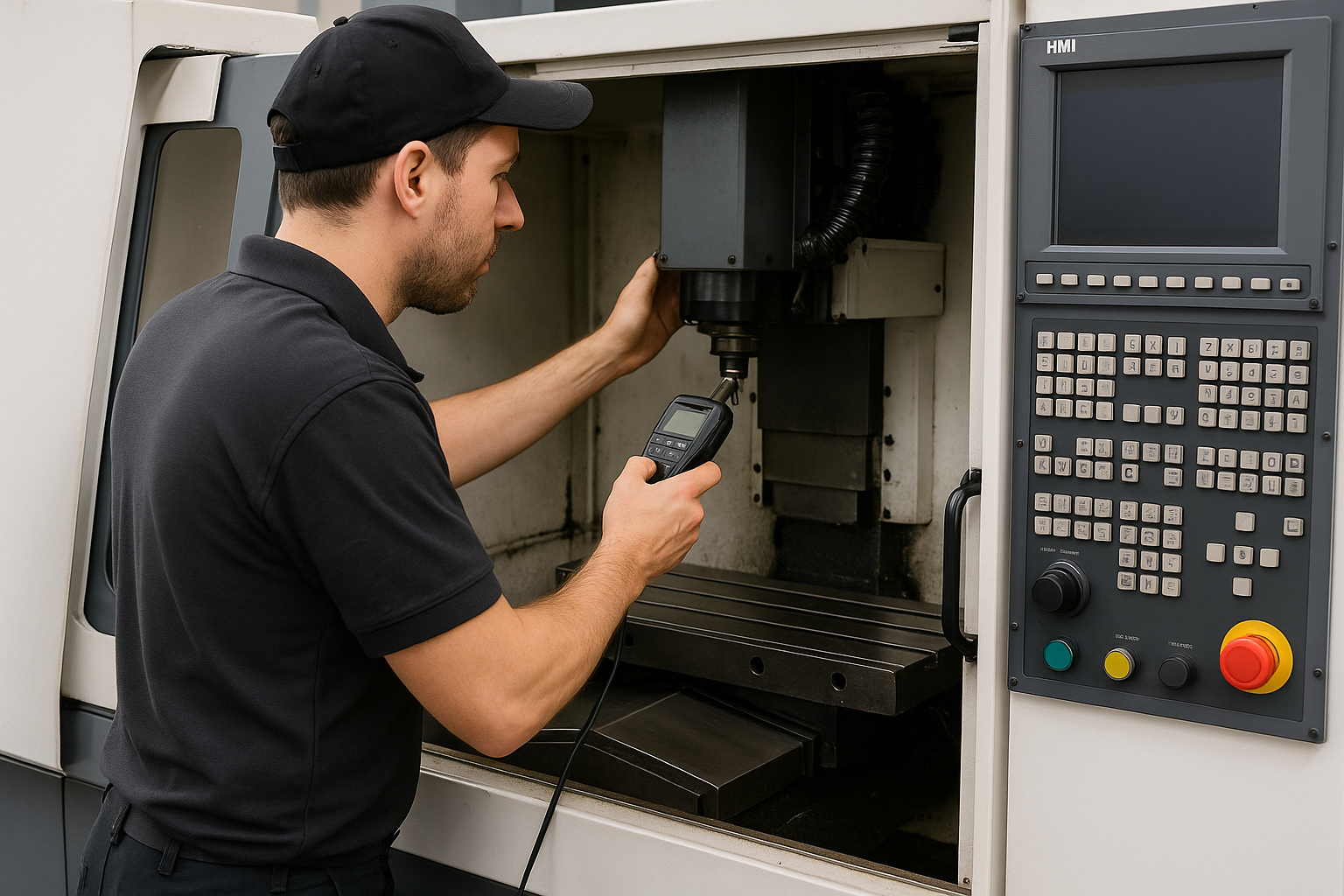 Technicien effectuant la maintenance d’une machine CNC