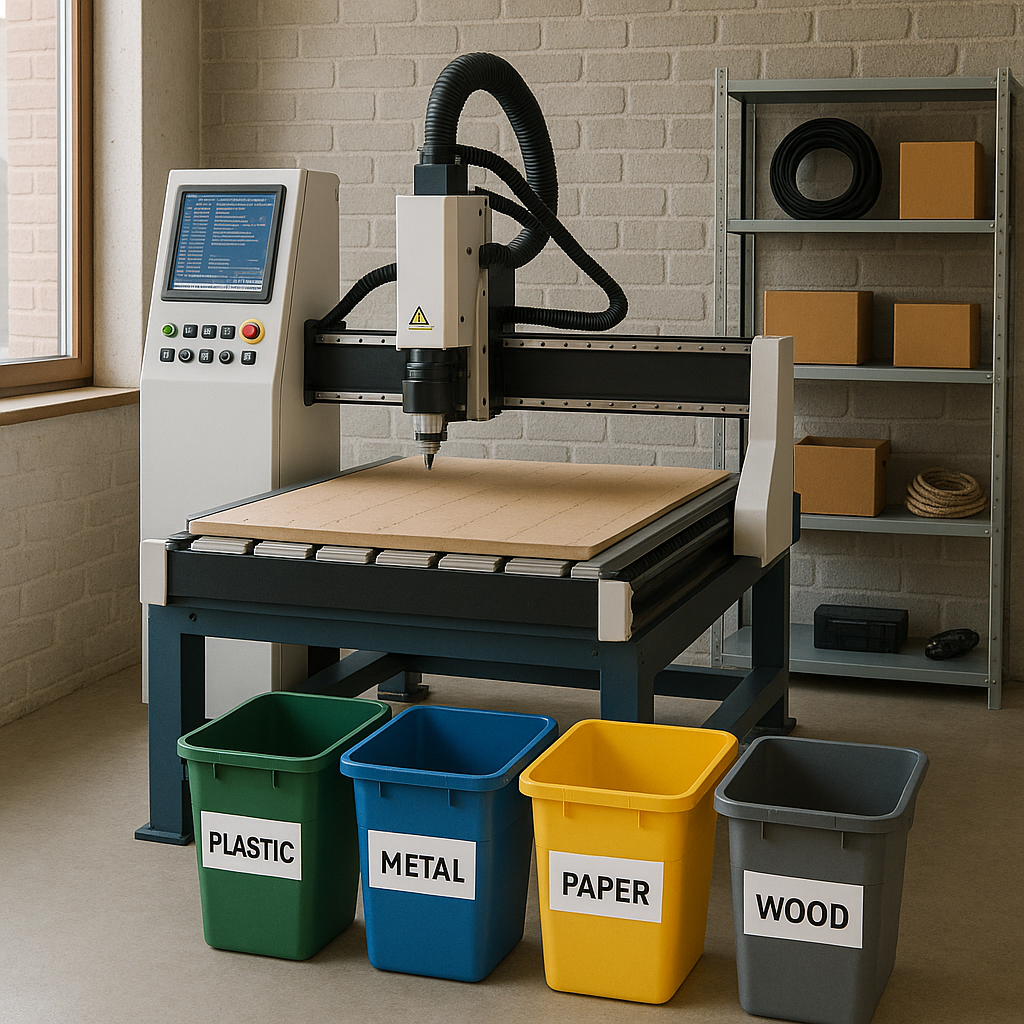 Atelier d’usinage avec bacs de tri pour copeaux et déchets industriels