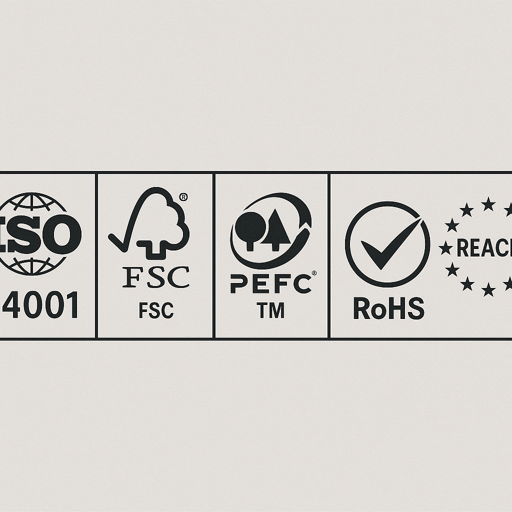 Bandeau de logos environnementaux ISO 14001, FSC, PEFC, RoHS, REACH