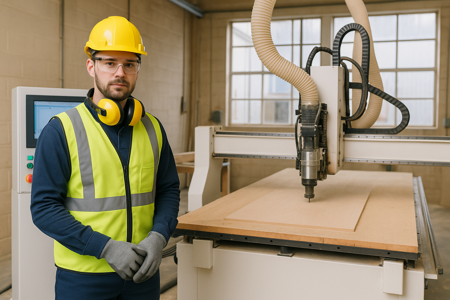 Opérateur équipé d’EPI effectuant une vérification sur machine CNC bois