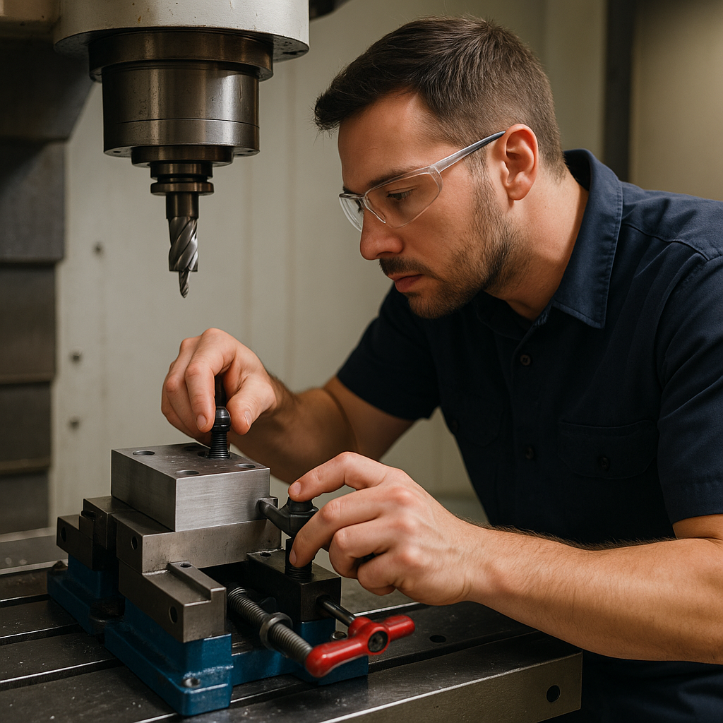 Opérateur ajustant le bridage d’une pièce sur une machine CNC