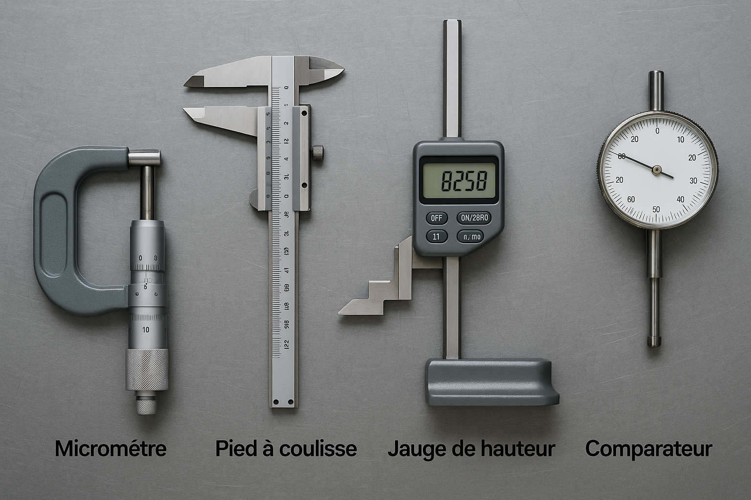 Plan de travail avec instruments de mesure alignés et identifiés
