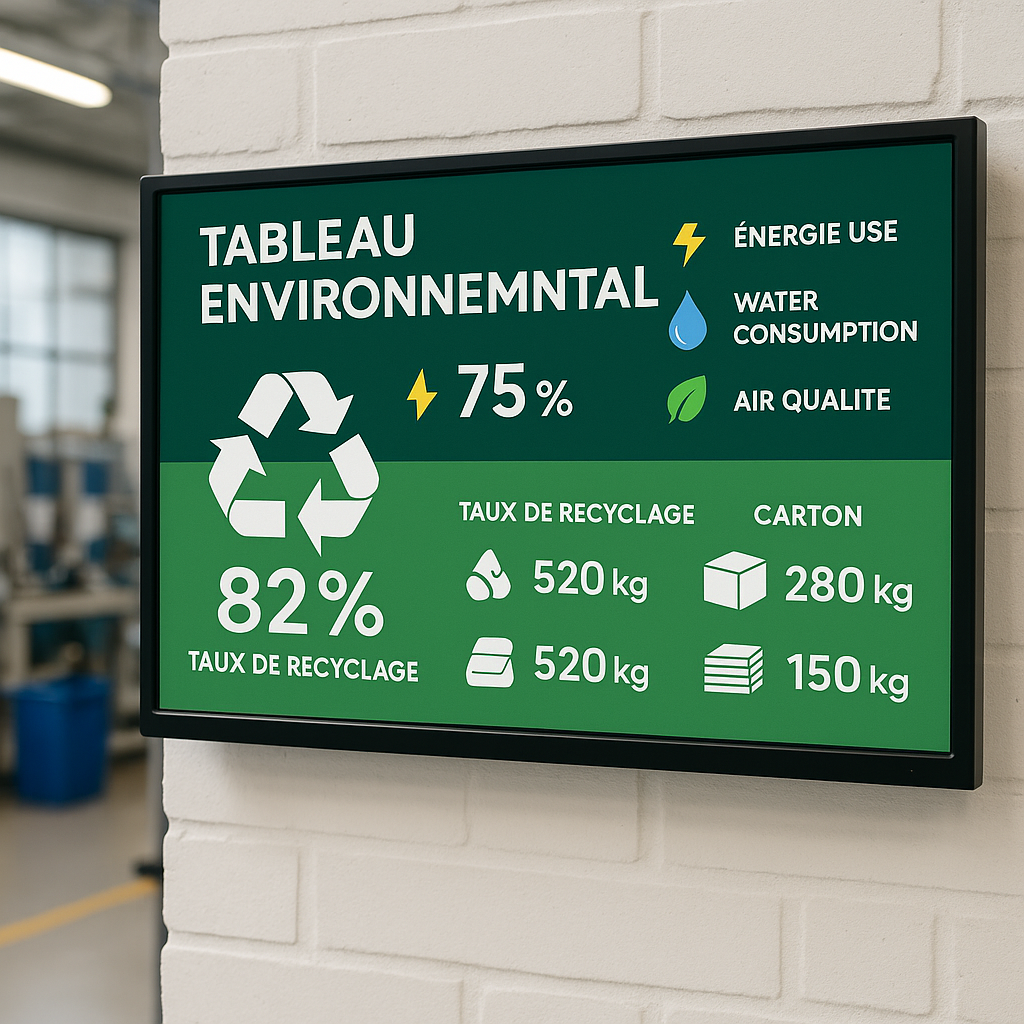 Tableau de bord environnemental d’atelier affichant les indicateurs de recyclage