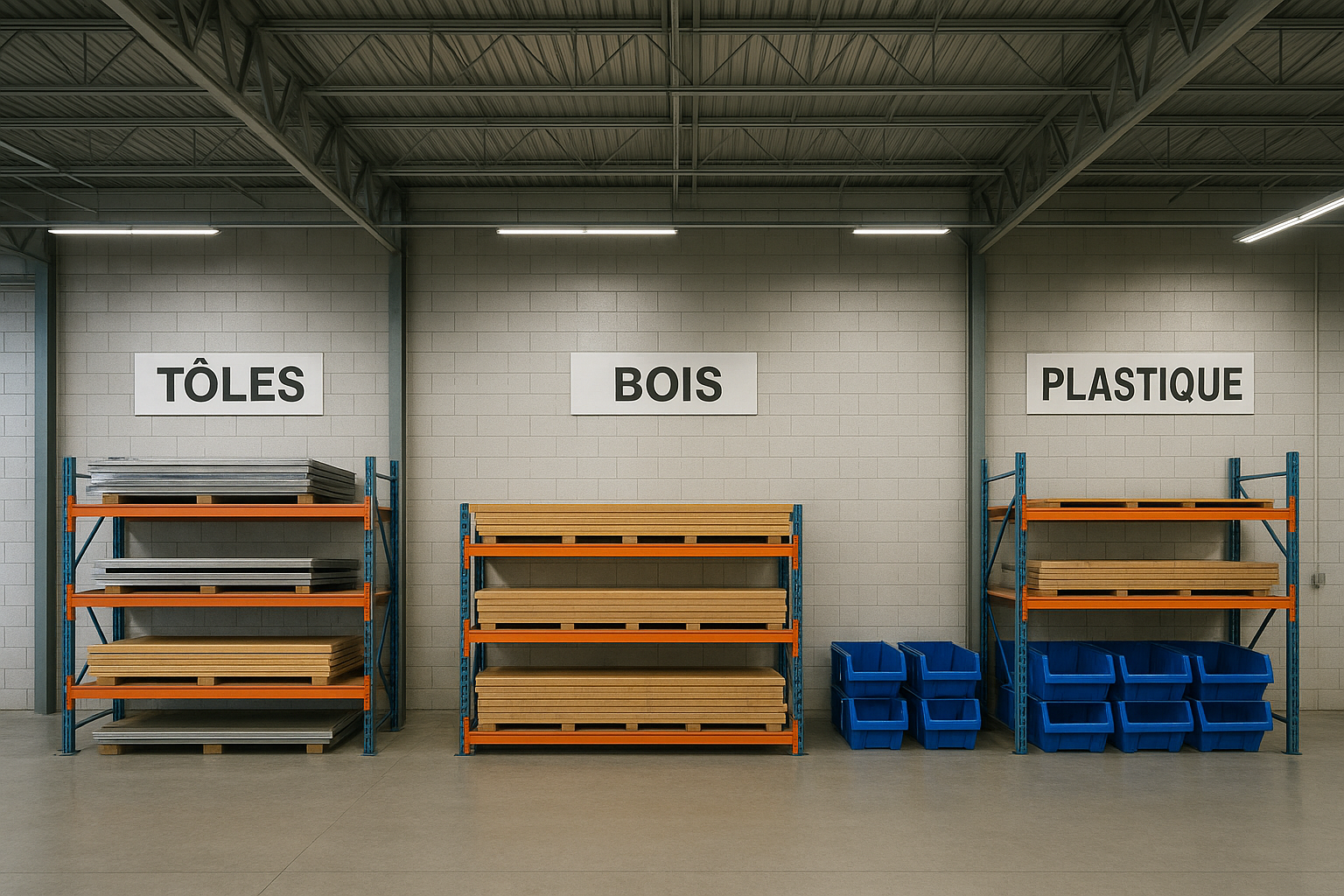 Espace de stockage bien organisé avec zones bois, plastiques et métaux séparées