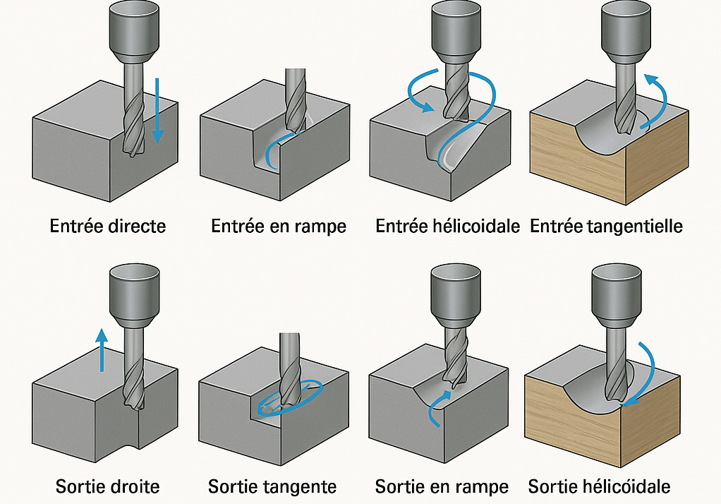 Différents types d’entrées et de sorties d’outil en usinage