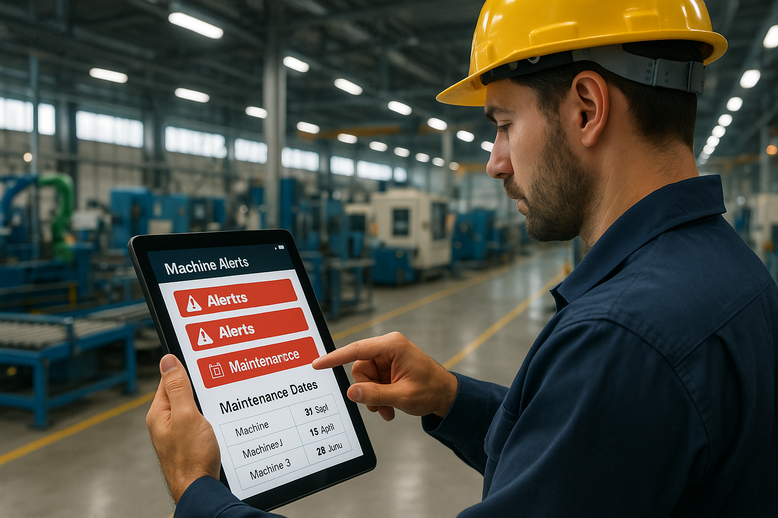 Opérateur consultant une tablette avec les alertes machines et les dates de maintenance prévues