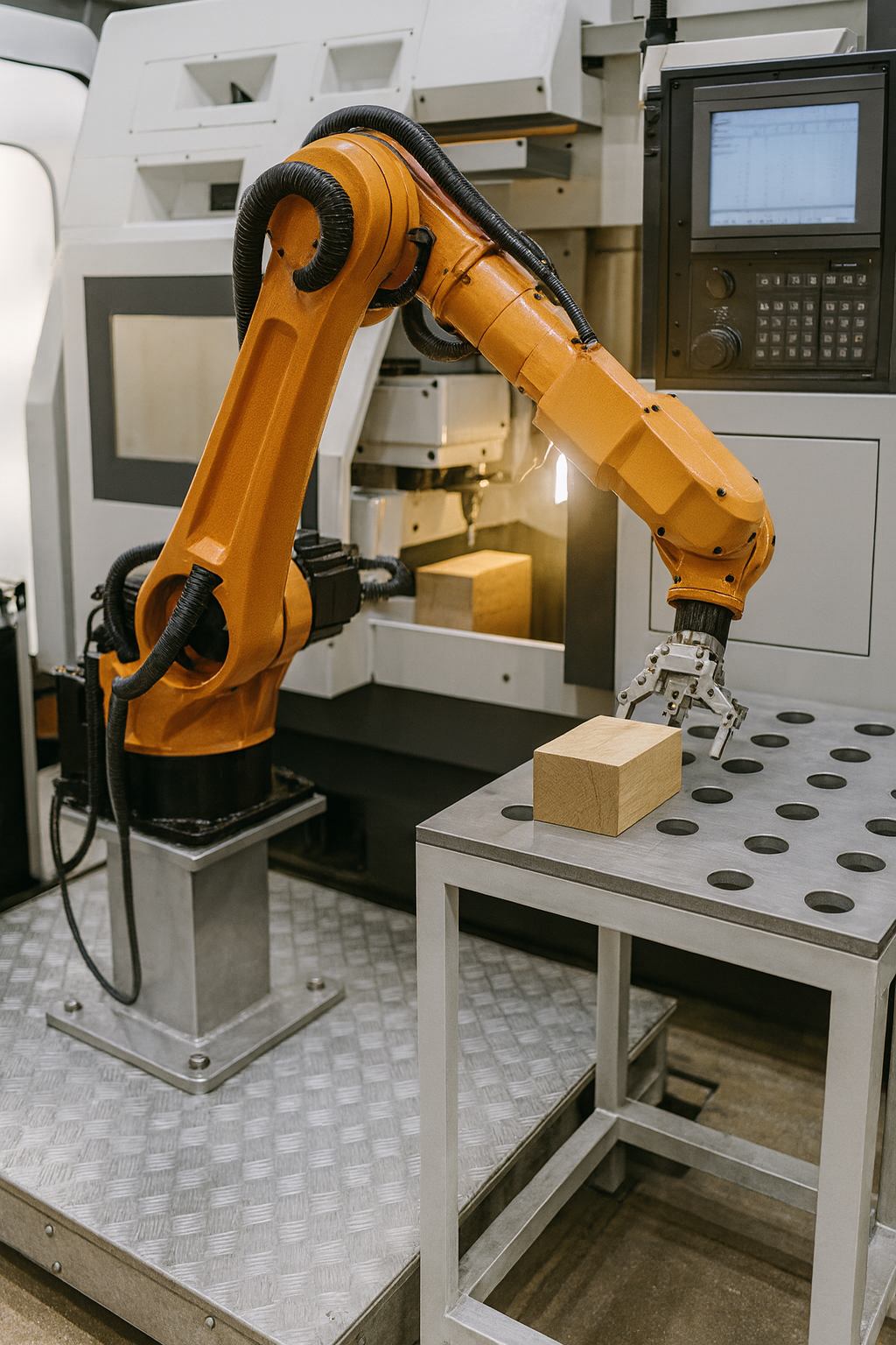 Robot et centre d’usinage CNC travaillant ensemble dans un atelier automatisé
