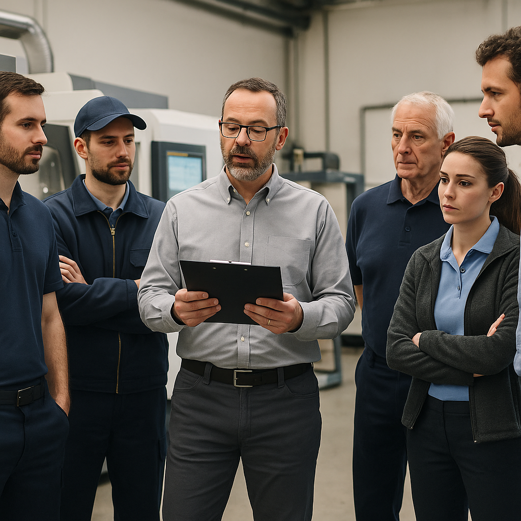 Équipe d’atelier en pleine production, représentant les différents métiers de l’usinage