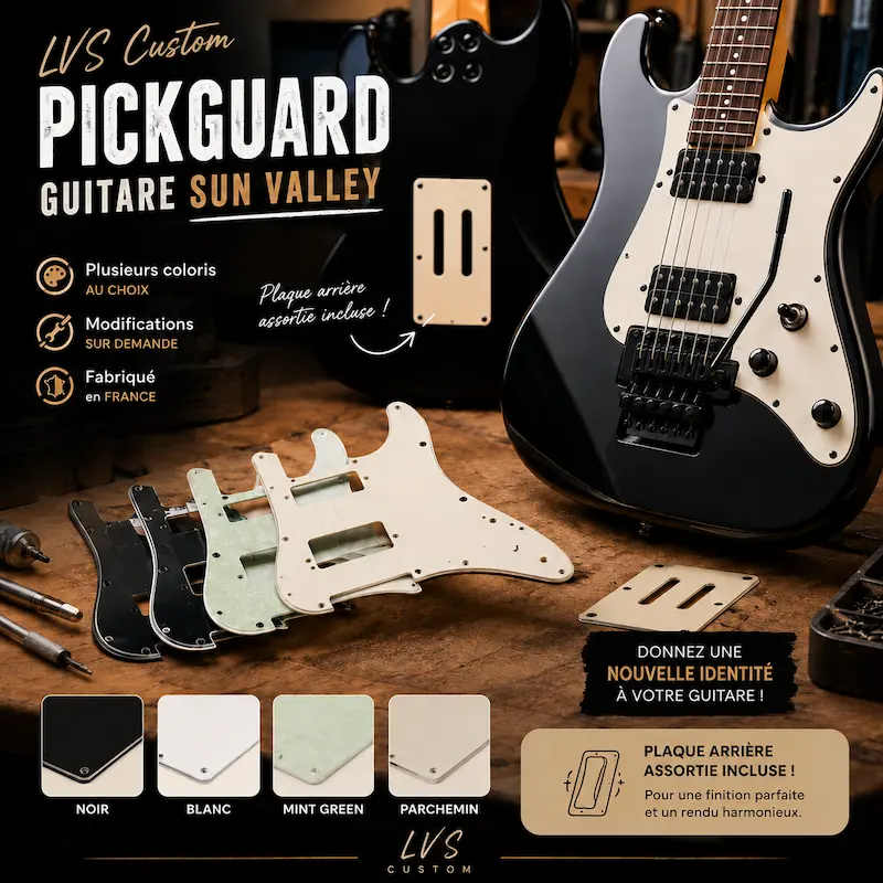 Pickguard guitare Sun Valley avec plaque arrière assortie disponible en noir, blanc, parchemin et Mint Green.